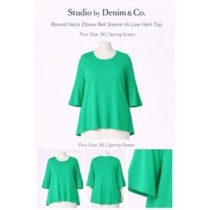 Studio by Denim & Co Womens Plus 3X Spring Green Bell Sleeve Hi-Low Hem Knit Top